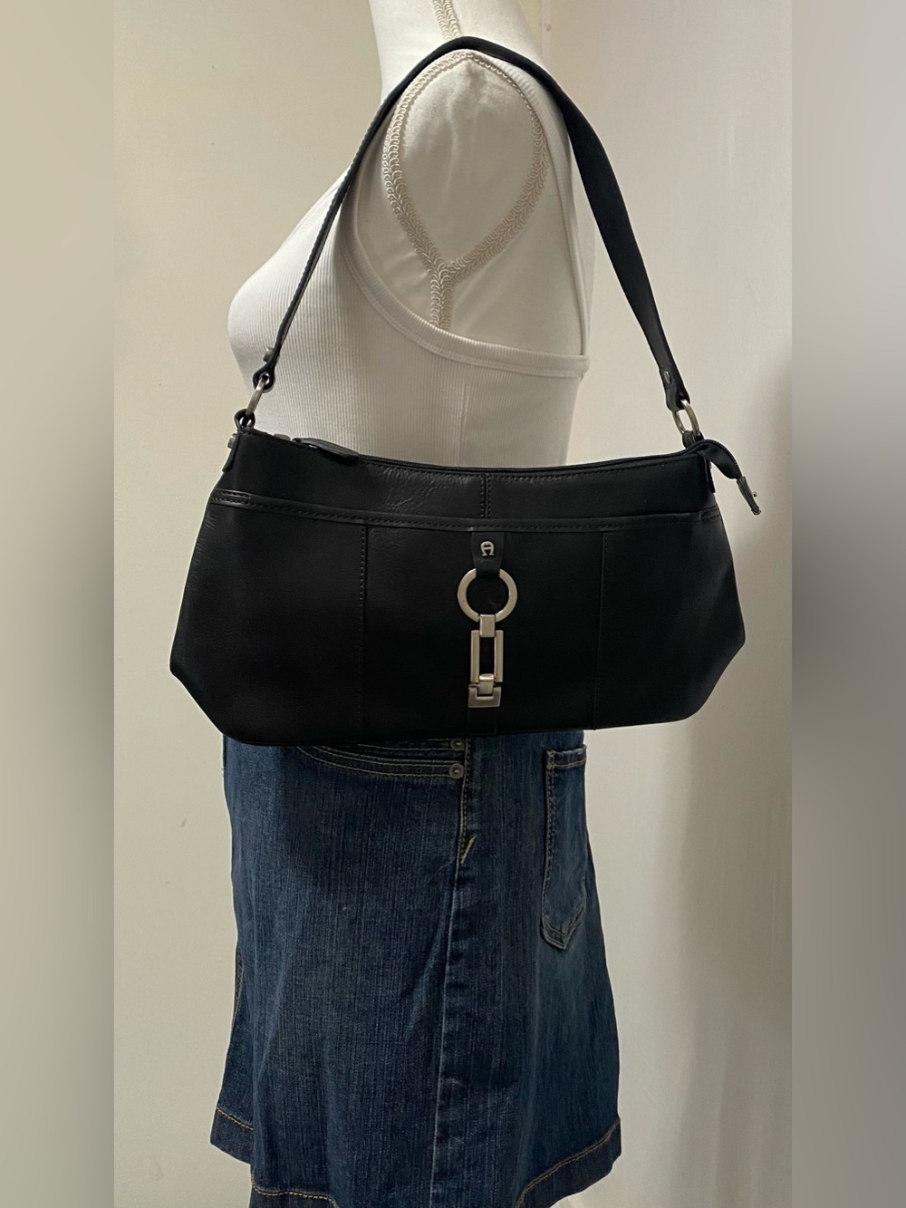 Etienne Aigner Black Leather Shoulder Bag with Silver Hardware
